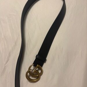 Gucci Black Leather Belt with Antique Gold Double G Buckle